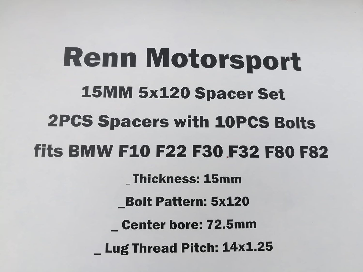 Renn Motorsport 15MM 2PCS 5x120 Spacers with 10PCS Extended Lugs fit BMW's F10 F22 F30 F32 F80 F82